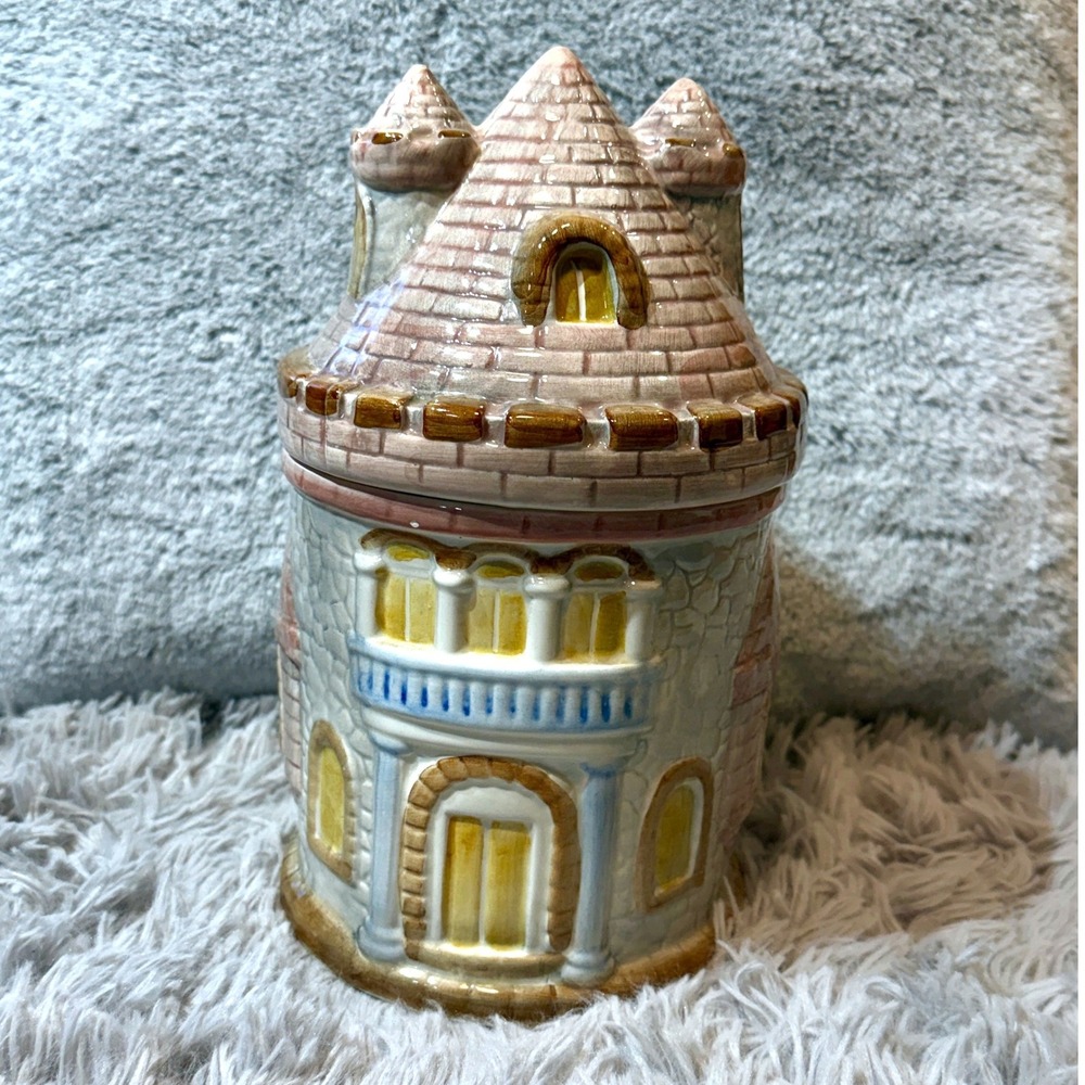 Weiss Hand Painted Castle Ceramic Cookie Jar Canister Made in Brazil Vintage